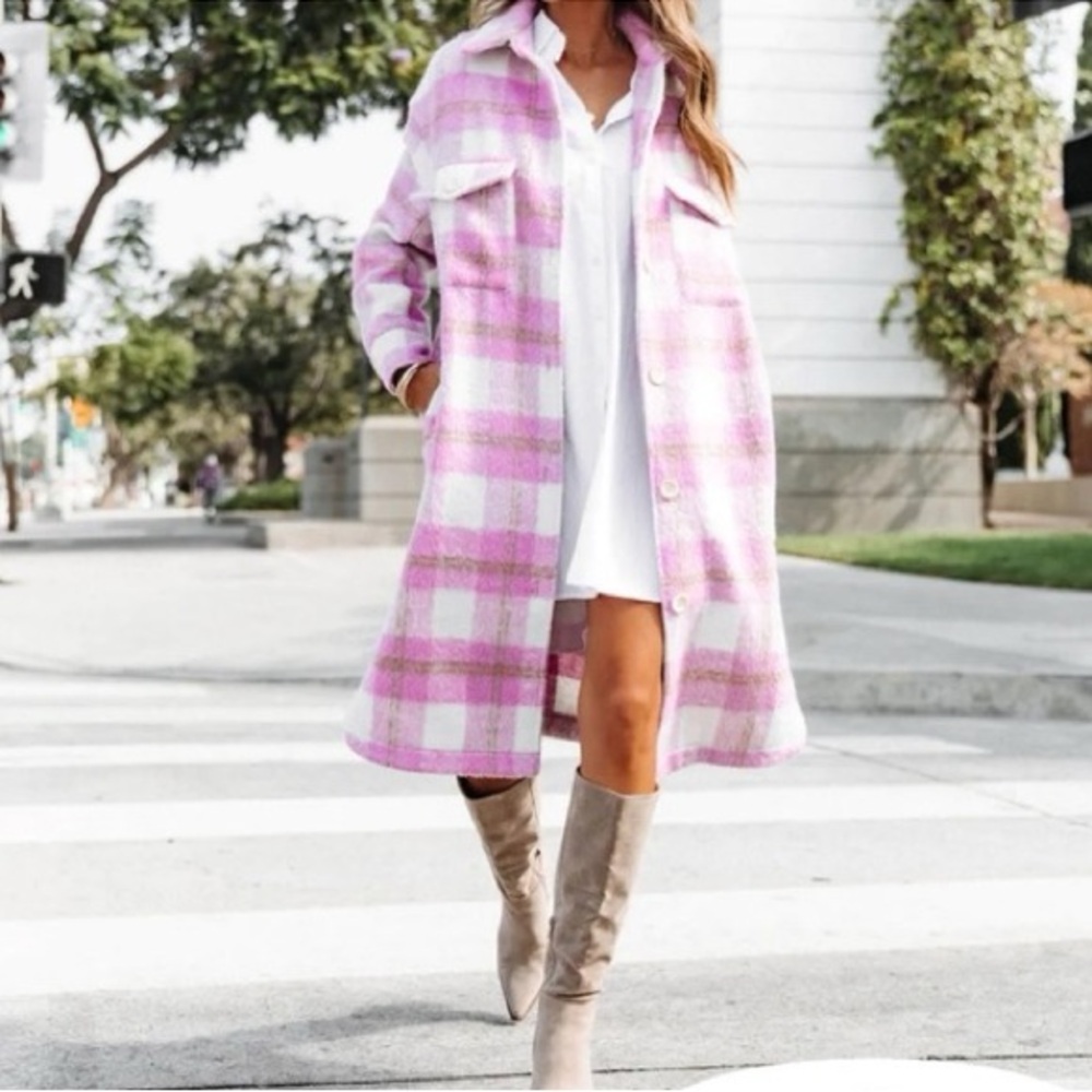Mable Purple & White Long Flannel Plaid Coat